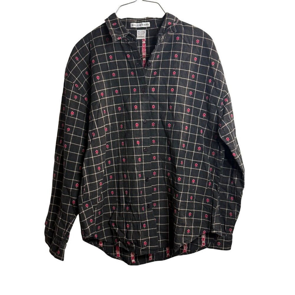 VTG Maggie & Max Women Black Checkered Long Sleeve BirdHouses Embroidery SZ‎ L